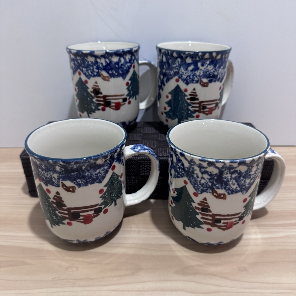 4 VTG Folk Craft By Tienshan "Cabin in the Snow" Coffee Mugs Christmas Lot 2